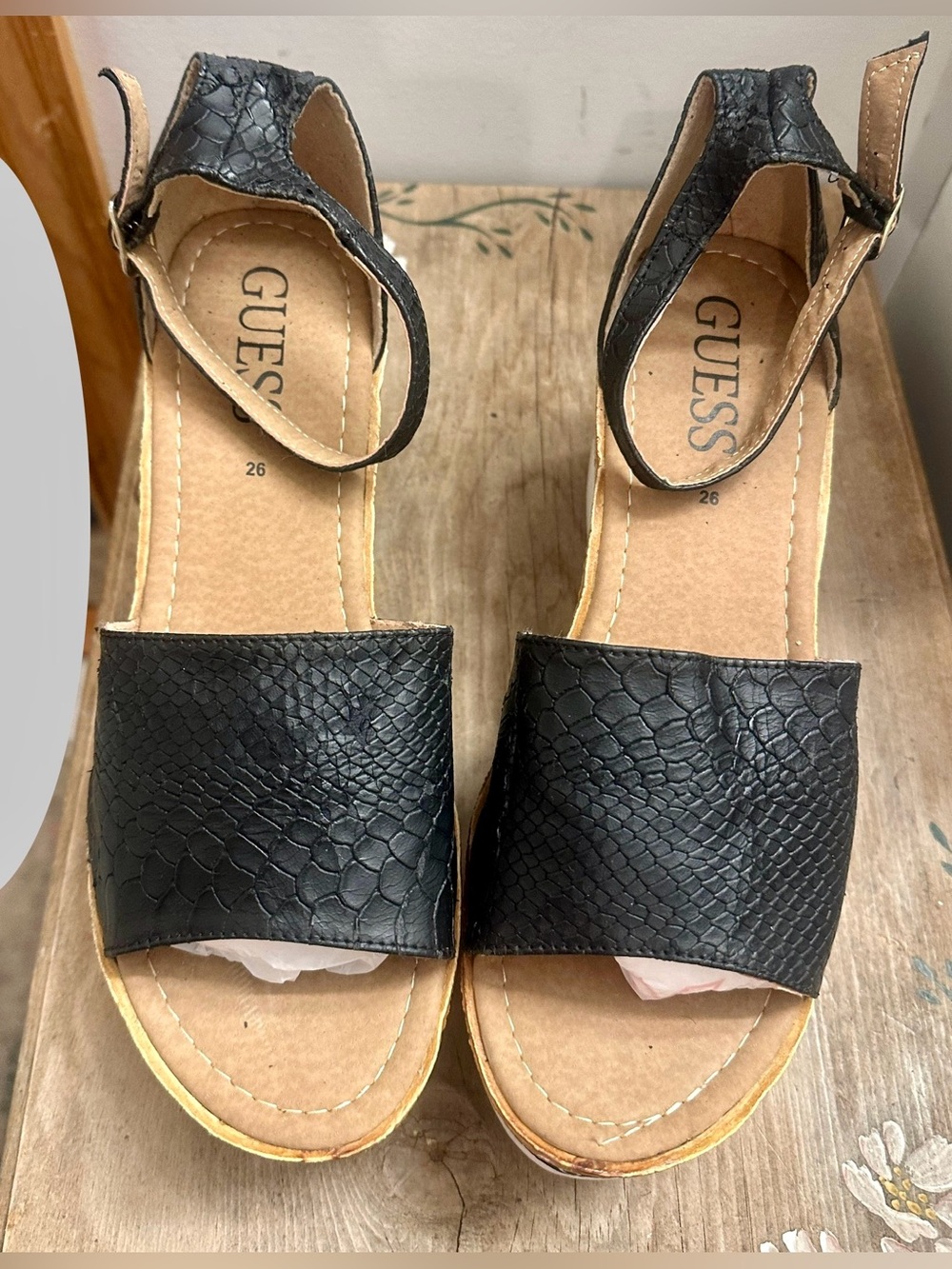 GUESS Black Textured Ankle-Strap Sandals with Wide Front Band